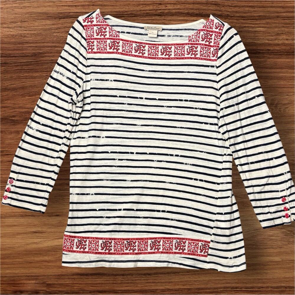 Lucky Brand Women’s XL Striped Knit Top Red Embroidered Boho 3/4 Sleeve Nautical